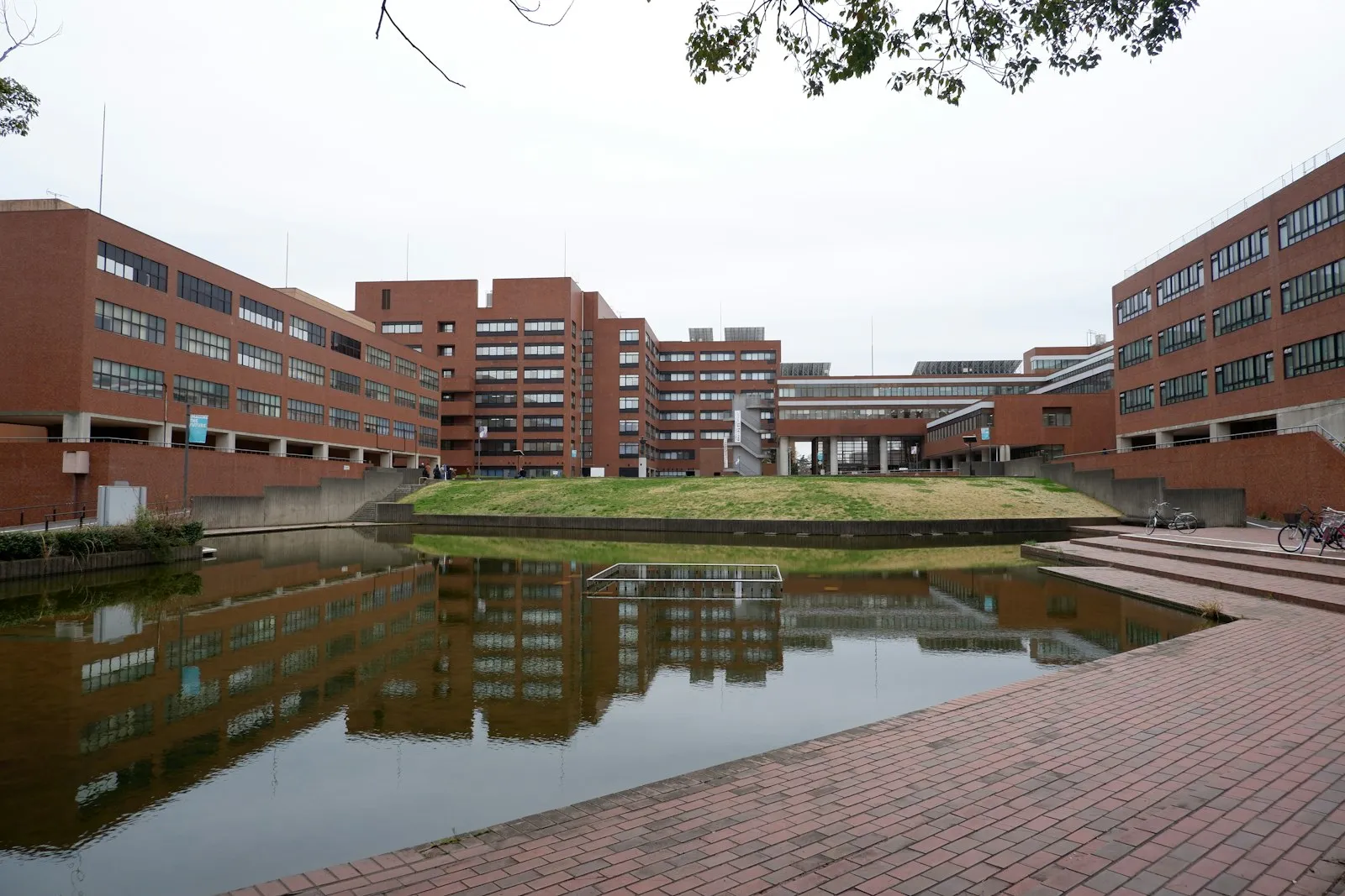 池を囲むレンガ造りの大学の校舎