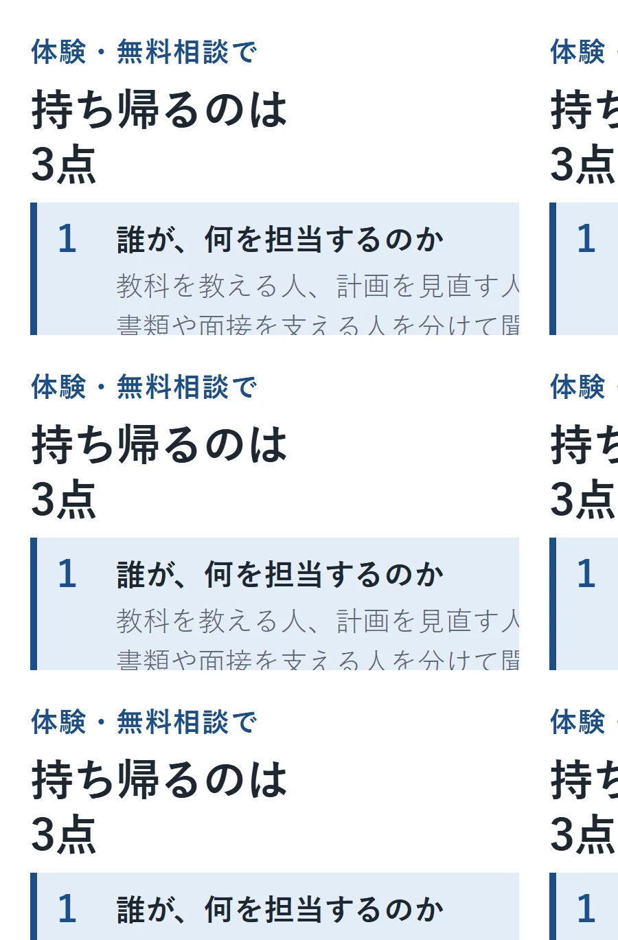 体験・無料相談で持ち帰る3点。誰が何を担当するか、予定どおり進まなかったときの対応、利用終了までの総額を確認する図解